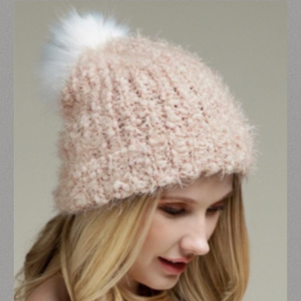 Eyelash Knit Pink & White Pom Pom Beanie